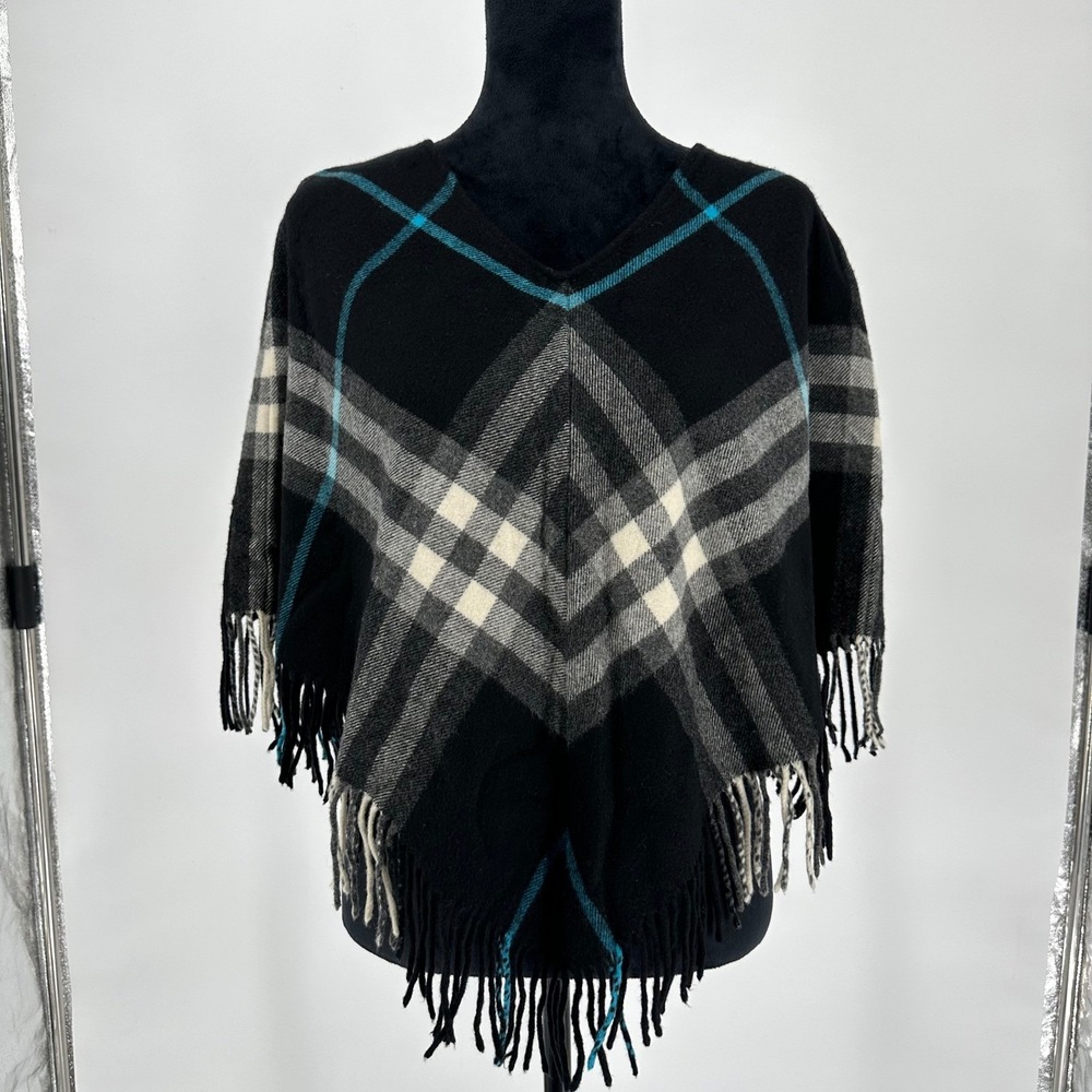 Burberry London Merino Wool Cashmere Nova Plaid Tassel Poncho Cape Coat S/M